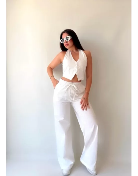 Kadın Gabardin Kumaş Boyundan Bağlamalı Yelek Bluz Salaş Pantolon İkili Takım