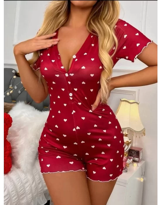 Kadın Göğüs Dekolteli Pinterest Kalp Desen Full Likralı şort Tulum