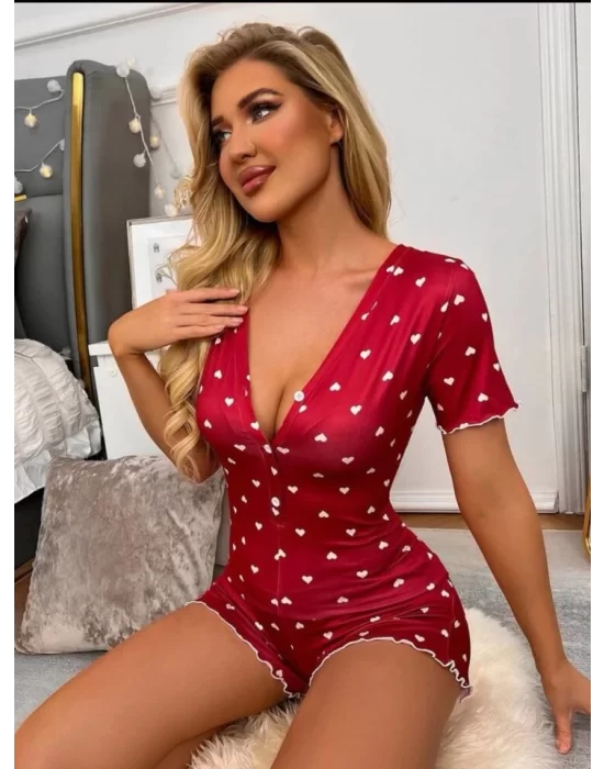 Kadın Göğüs Dekolteli Pinterest Kalp Desen Full Likralı şort Tulum