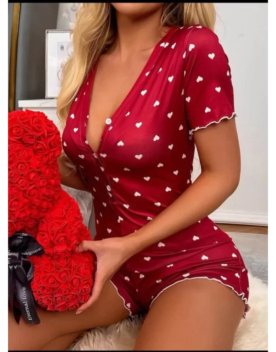 Kadın Göğüs Dekolteli Pinterest Kalp Desen Full Likralı şort Tulum