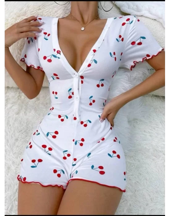 Kadın Göğüs Dekolteli Pinterest Kiraz Desen Full Likralı şort Tulum
