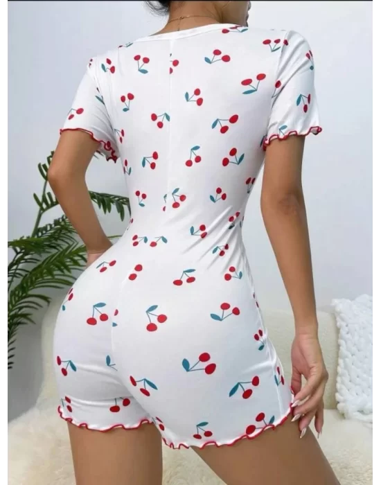 Kadın Göğüs Dekolteli Pinterest Kiraz Desen Full Likralı şort Tulum