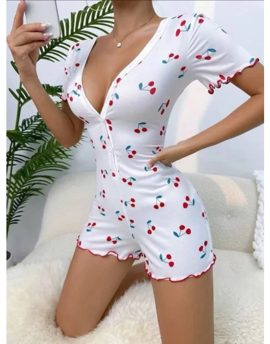 Kadın Göğüs Dekolteli Pinterest Kiraz Desen Full Likralı şort Tulum