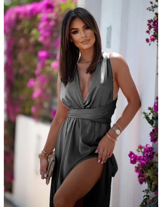 Kadın Göğüs Dekolteli Yırtmaç Detay Maxi Boy Elbise