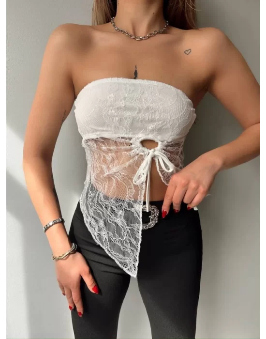 Kadın Göğüs Ve Sırt Dekolteli Transparan Dantel Detay Bluz