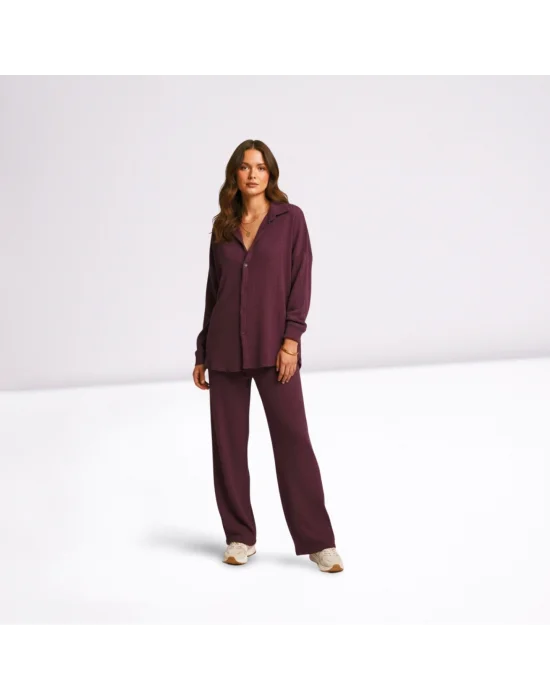 MetuCa Kadın Mürdüm Pamuk Bürümcük Takım Gömlek ve Beli Lastikli Geniş Paça Pantolon