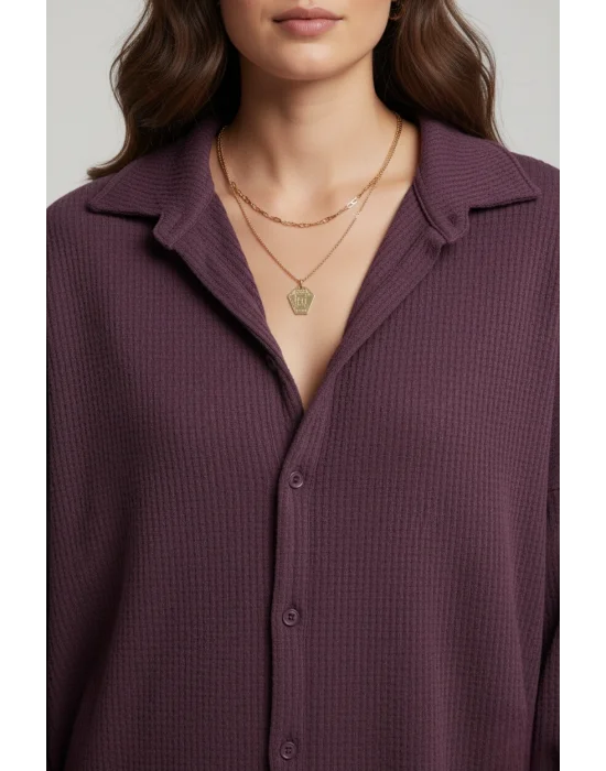 MetuCa Kadın Mürdüm Pamuk Bürümcük Takım Gömlek ve Beli Lastikli Geniş Paça Pantolon