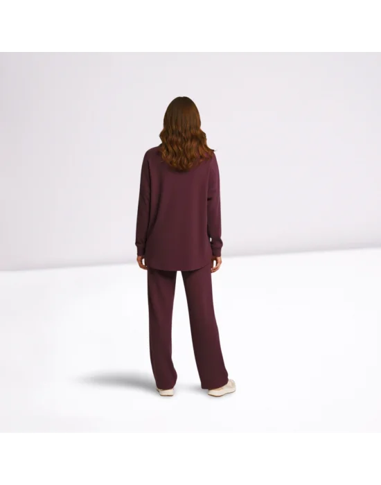 MetuCa Kadın Mürdüm Pamuk Bürümcük Takım Gömlek ve Beli Lastikli Geniş Paça Pantolon