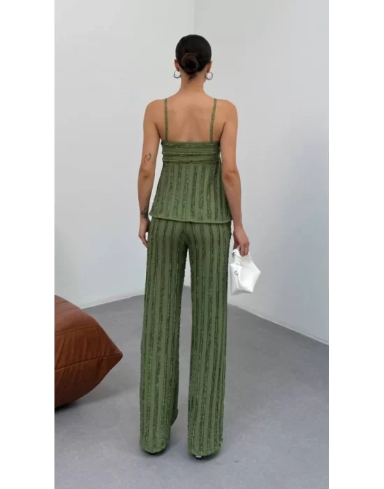 Kadın Haki Dokulu Askılı Üst Ve Bol Paça Pantolon 2’li Takım