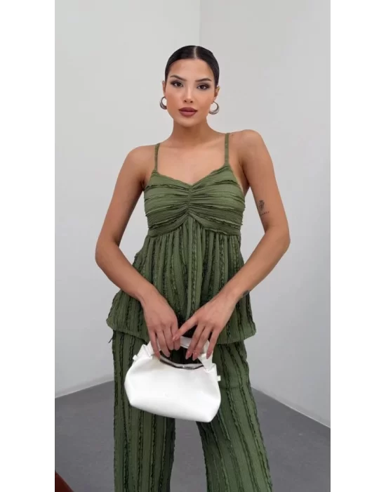 Kadın Haki Dokulu Askılı Üst Ve Bol Paça Pantolon 2’li Takım