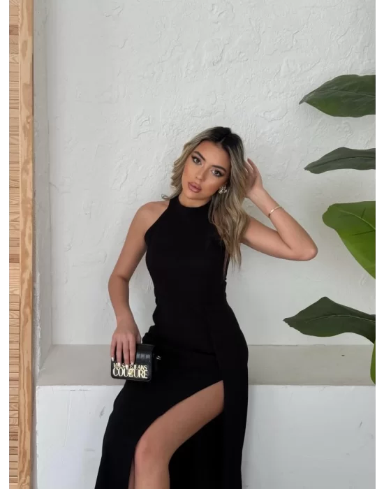 Kadın Halter Yaka Derin Yırtmaç Detaylı Tam Boy Ithal Krep Abiye Elbise