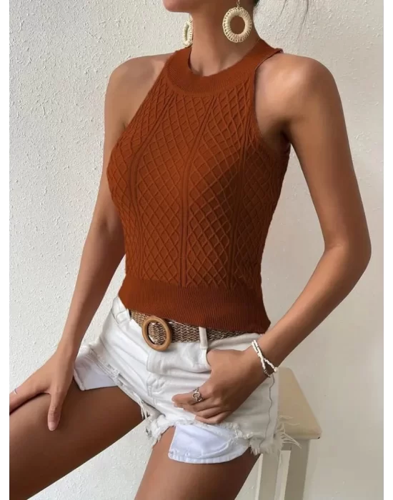 Kadın Halter Yaka Mini Baklava Desenli Triko Bluz