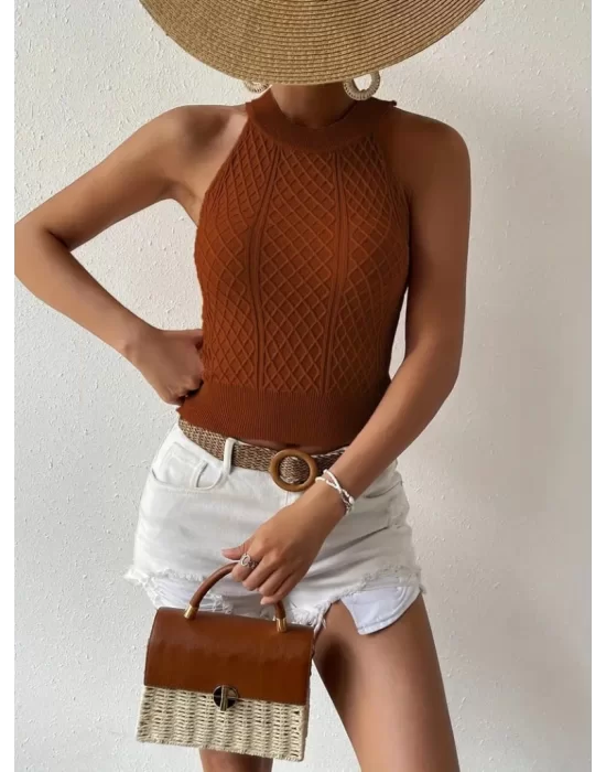 Kadın Halter Yaka Mini Baklava Desenli Triko Bluz