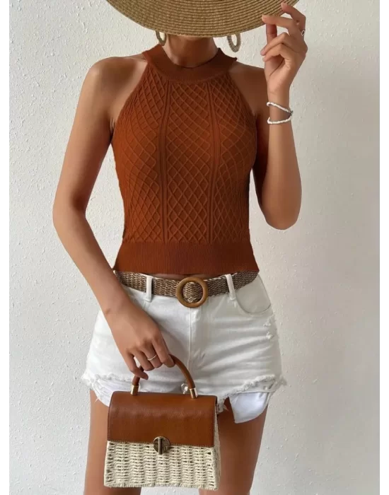Kadın Halter Yaka Mini Baklava Desenli Triko Bluz