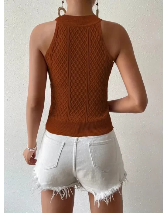 Kadın Halter Yaka Mini Baklava Desenli Triko Bluz