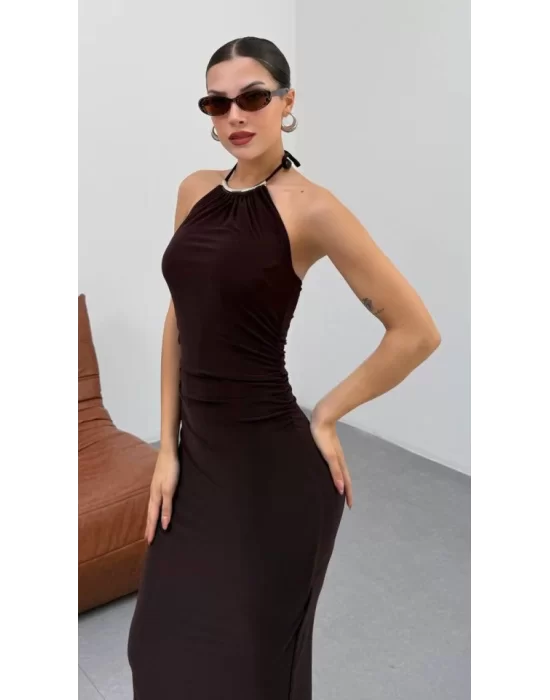 Kadın Halter Yaka Sırt Dekolteli Sandy Kumaş Maxi Boy Elbise