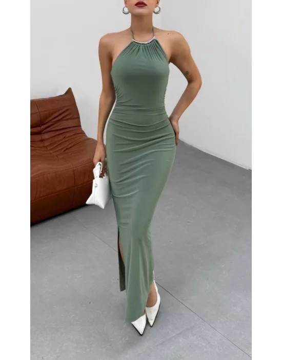Kadın Halter Yaka Sırt Dekolteli Sandy Kumaş Maxi Boy Elbise