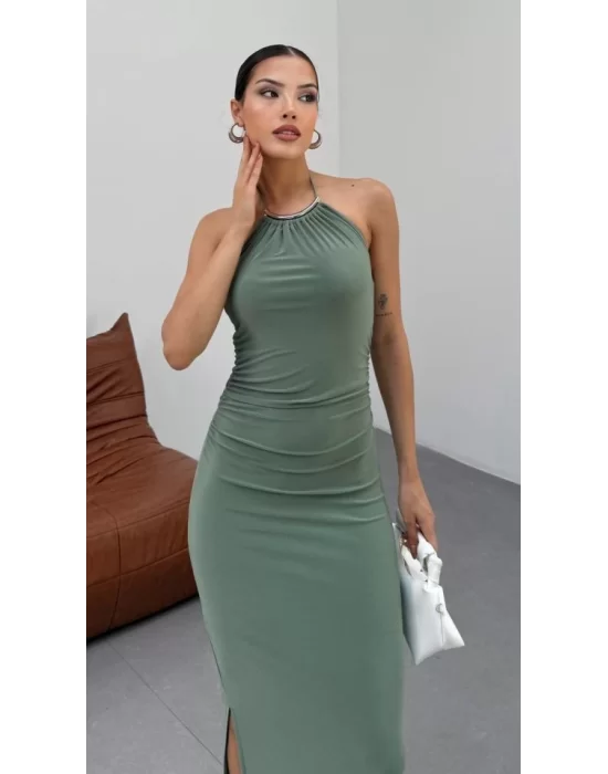 Kadın Halter Yaka Sırt Dekolteli Sandy Kumaş Maxi Boy Elbise
