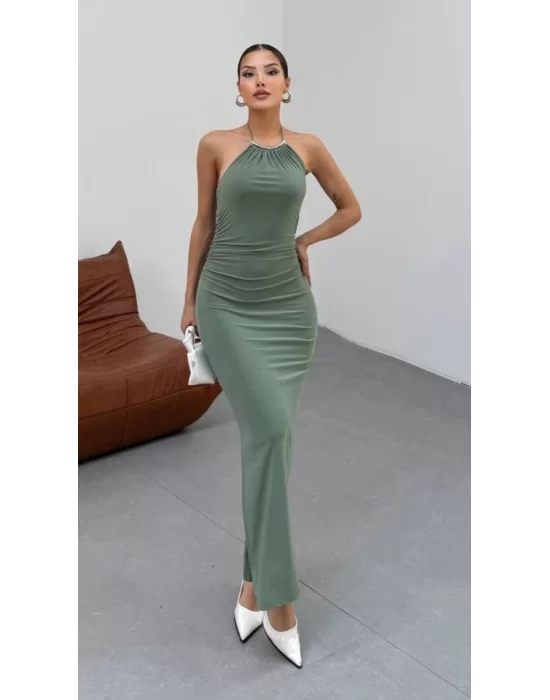 Kadın Halter Yaka Sırt Dekolteli Sandy Kumaş Maxi Boy Elbise