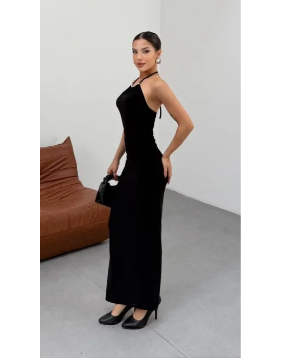 Kadın Halter Yaka Sırt Dekolteli Sandy Kumaş Maxi Boy Elbise