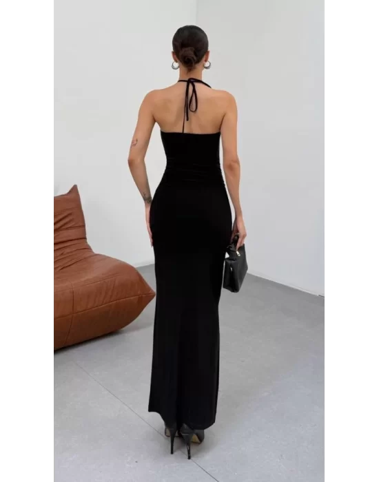 Kadın Halter Yaka Sırt Dekolteli Sandy Kumaş Maxi Boy Elbise
