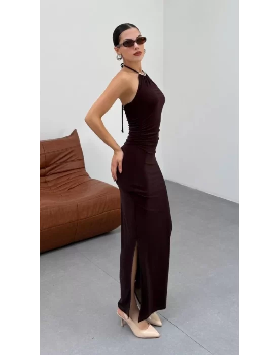 Kadın Halter Yaka Sırt Dekolteli Sandy Kumaş Maxi Boy Elbise