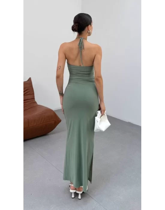 Kadın Halter Yaka Sırt Dekolteli Sandy Kumaş Maxi Boy Elbise