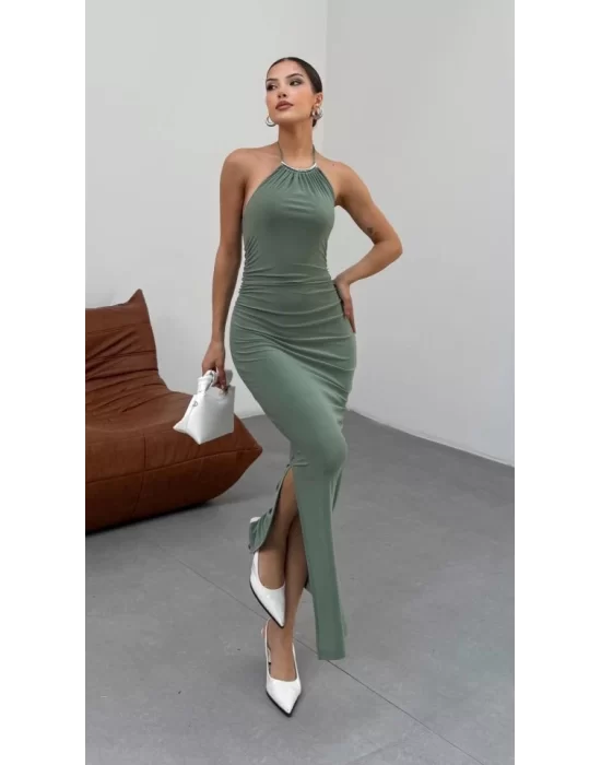 Kadın Halter Yaka Sırt Dekolteli Sandy Kumaş Maxi Boy Elbise