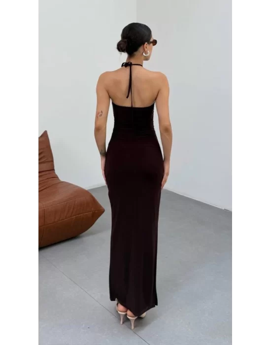 Kadın Halter Yaka Sırt Dekolteli Sandy Kumaş Maxi Boy Elbise
