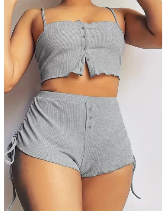 Kadın Ip Askılı Crop Bluz Ve Yanlardan Büzgülü Ikili Kaşkorse Short Takım
