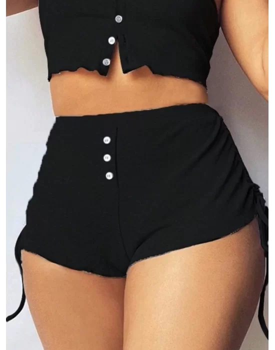 Kadın Ip Askılı Crop Bluz Ve Yanlardan Büzgülü Ikili Kaşkorse Short Takım