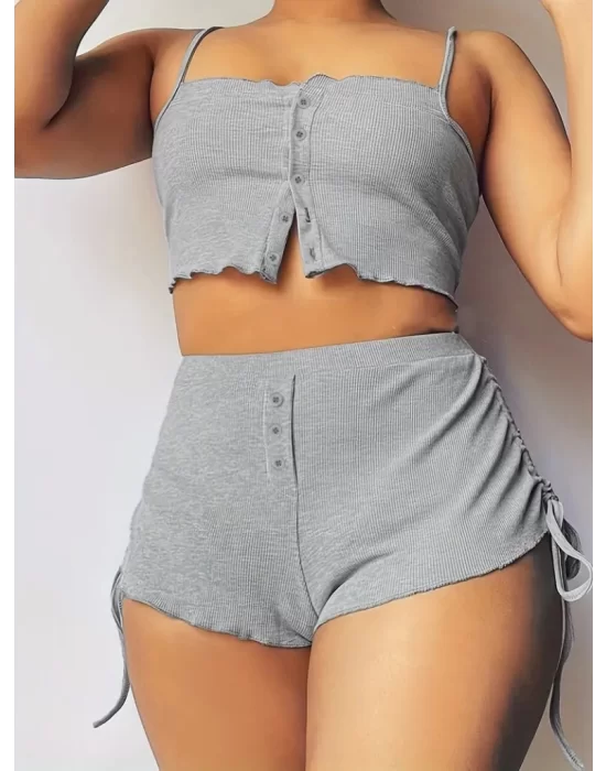 Kadın Ip Askılı Crop Bluz Ve Yanlardan Büzgülü Ikili Kaşkorse Short Takım