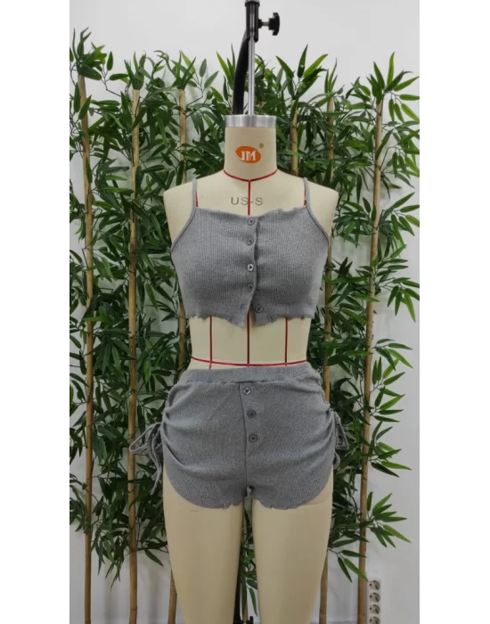 Kadın Ip Askılı Crop Bluz Ve Yanlardan Büzgülü Ikili Kaşkorse Short Takım