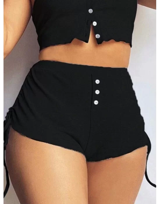 Kadın Ip Askılı Crop Bluz Ve Yanlardan Büzgülü Ikili Kaşkorse Short Takım