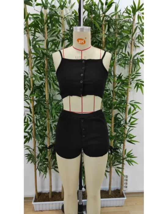 Kadın Ip Askılı Crop Bluz Ve Yanlardan Büzgülü Ikili Kaşkorse Short Takım