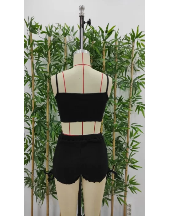Kadın Ip Askılı Crop Bluz Ve Yanlardan Büzgülü Ikili Kaşkorse Short Takım