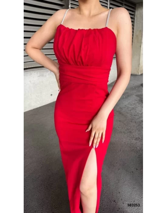 Kadın Ip Askılı Gipe Detay Maxi Boy Yırmaçlı Elbise