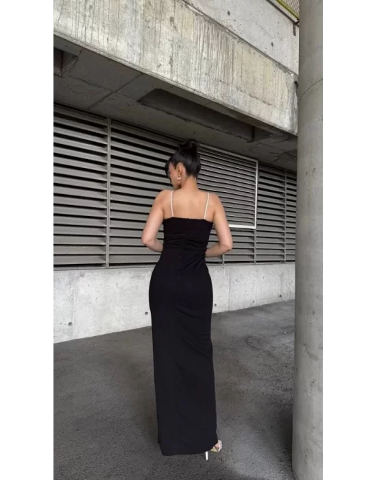 Kadın Ip Askılı Gipe Detay Maxi Boy Yırmaçlı Elbise