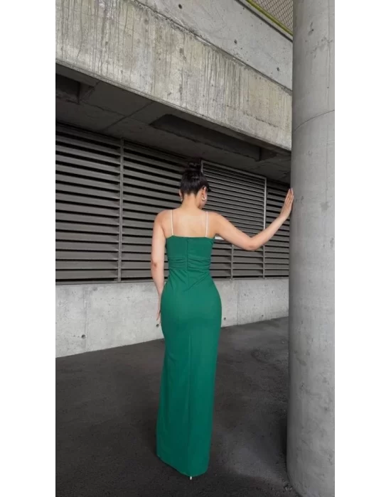 Kadın Ip Askılı Gipe Detay Maxi Boy Yırmaçlı Elbise