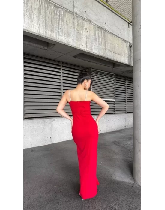 Kadın Ip Askılı Gipe Detay Maxi Boy Yırmaçlı Elbise