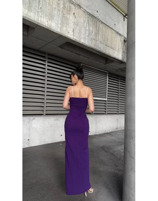 Kadın Ip Askılı Gipe Detay Maxi Boy Yırmaçlı Elbise