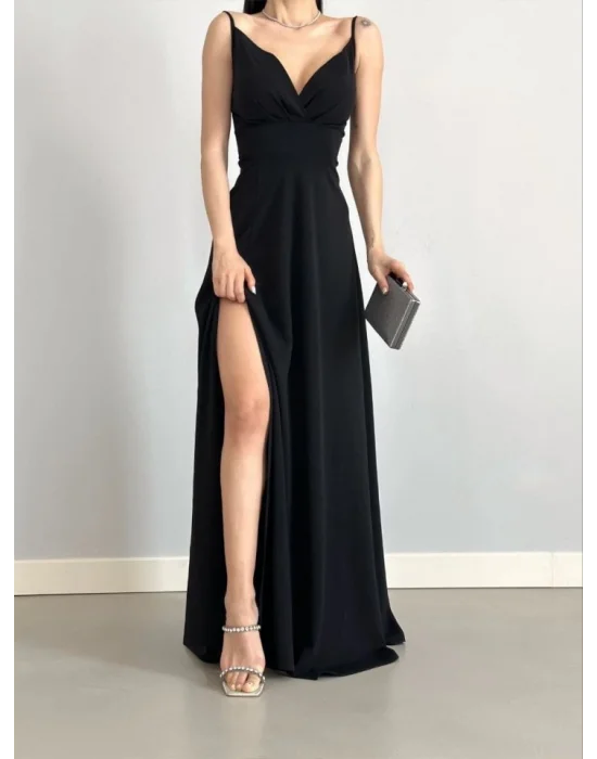 Kadın Ip Askılı Kruvaze Yaka Maxi Boy Abiye Elbise