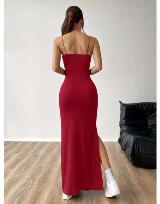 Kadın Ip Askılı Yandan Yırtmaçlı Janjan Krep Elbise