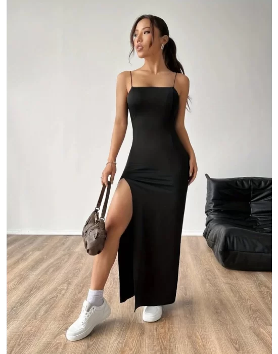 Kadın Ip Askılı Yandan Yırtmaçlı Janjan Krep Elbise