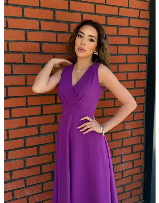 Kadın Ithal Krep Kumaş Kruvaze Yaka Eteği Kloş Kolsuz Midi Elbise