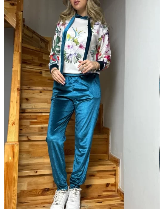 Kadın Kadife Kumaş Uzun Kollu Kapüşon Detay çiçek Baskılı Sweat Ve Pantolon Ikili Takım