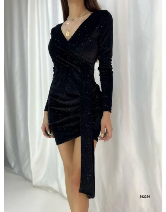 Kadın Kadife Kumaş V Yaka Belde Kuşak Detaylı Simli Mini Boy Elbise
