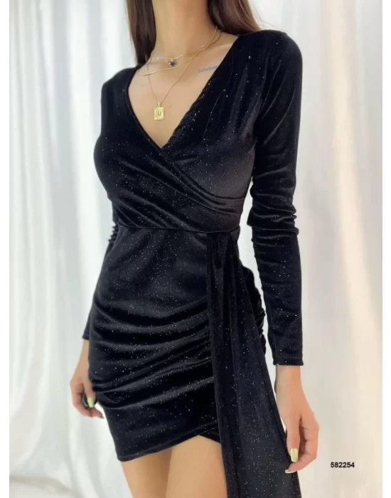 Kadın Kadife Kumaş V Yaka Belde Kuşak Detaylı Simli Mini Boy Elbise
