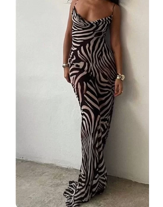 Kadın Kadın Ip Askılı Dökümlü Yaka Zebra Desen Maxi Boy Elbise