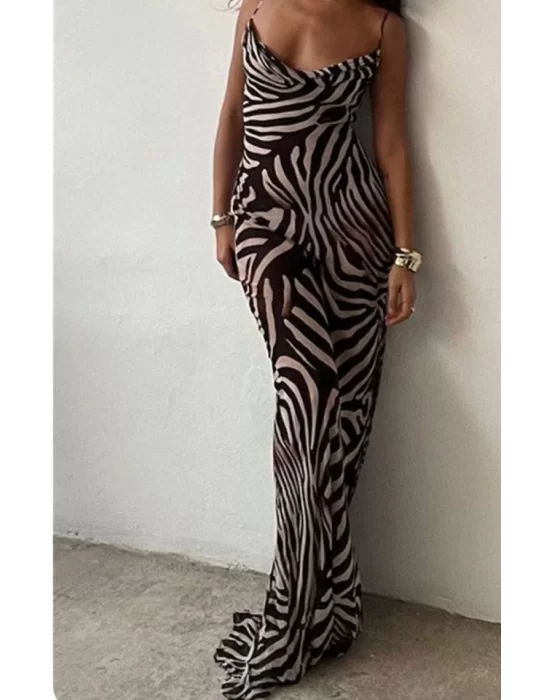 Kadın Kadın Ip Askılı Dökümlü Yaka Zebra Desen Maxi Boy Elbise